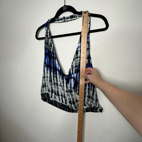 Parker Blue White Black Wales Tie Dye 100% Silk Wrap Halter Top Button VNeck L - Picture 10 of 12